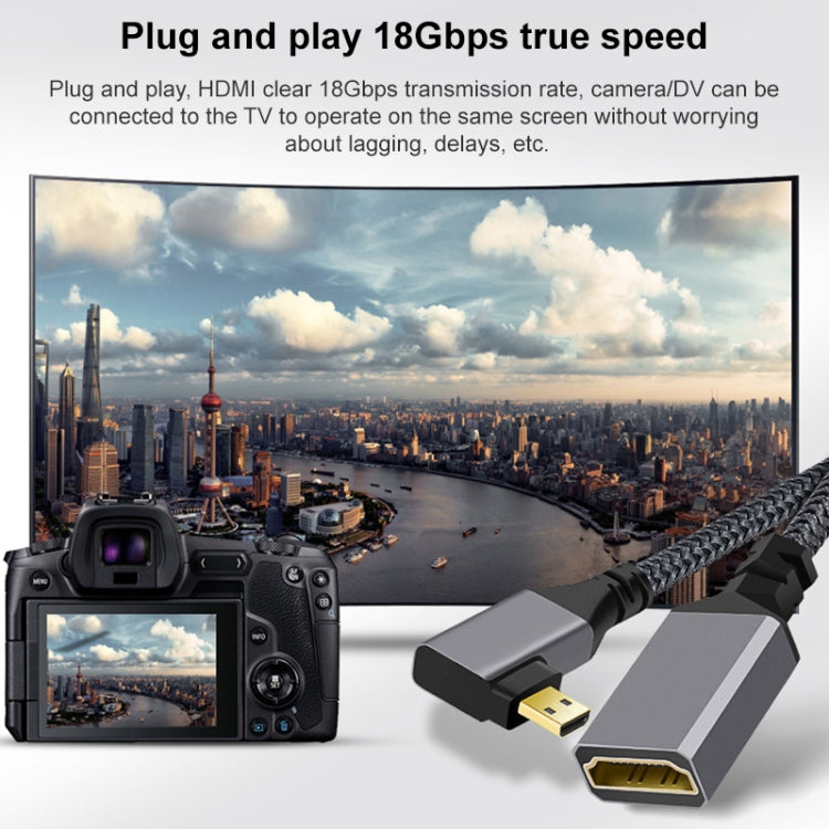 Micro HDMI vīriešu elkonis uz HDMI sieviešu 4K UHD 18Gbps savienojuma kabelis