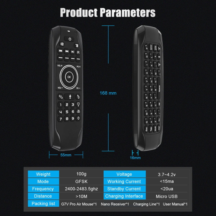 Беспроводная клавиатура G7V Pro 2,4 ГГц Fly Air Mouse со светодиодной подсветкой, пультом дистанционного управления и гироскопом для Android TV Box/ПК, поддержка интеллектуального голосового управления