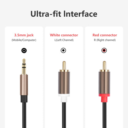 3,5 mm vīriešu un 2 RCA vīriešu audio kabeļa pastiprinātāja savienotājs