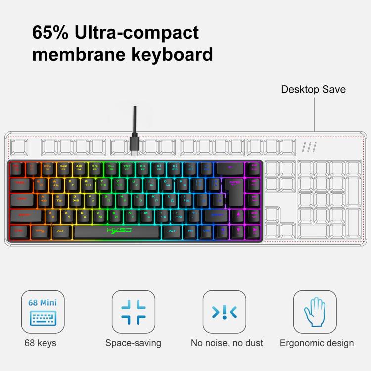 Проводная механическая клавиатура HXSJ V200 с RGB-подсветкой, русская версия, 68 клавиш, длина кабеля: 1,7 м
