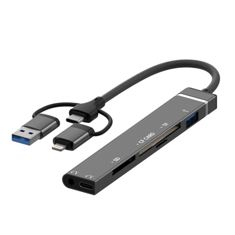 USB / Type-C / 8 Pin to CF / TF / SD Card Reader, 3.5mm HUB Adapter 6 in 1 Docking Station