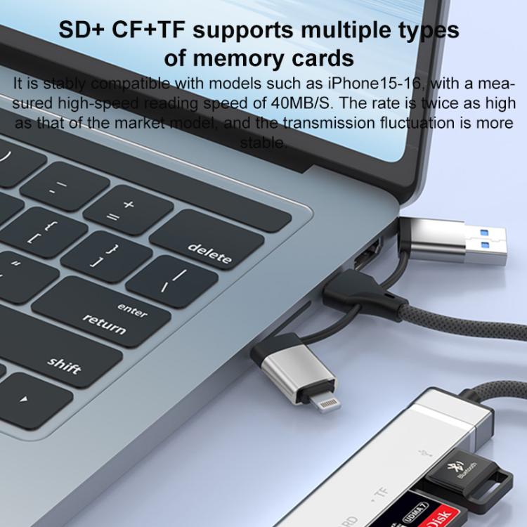 USB / Type-C / 8 Pin to CF / TF / SD Card Reader, 3.5mm HUB Adapter 6 in 1 Docking Station