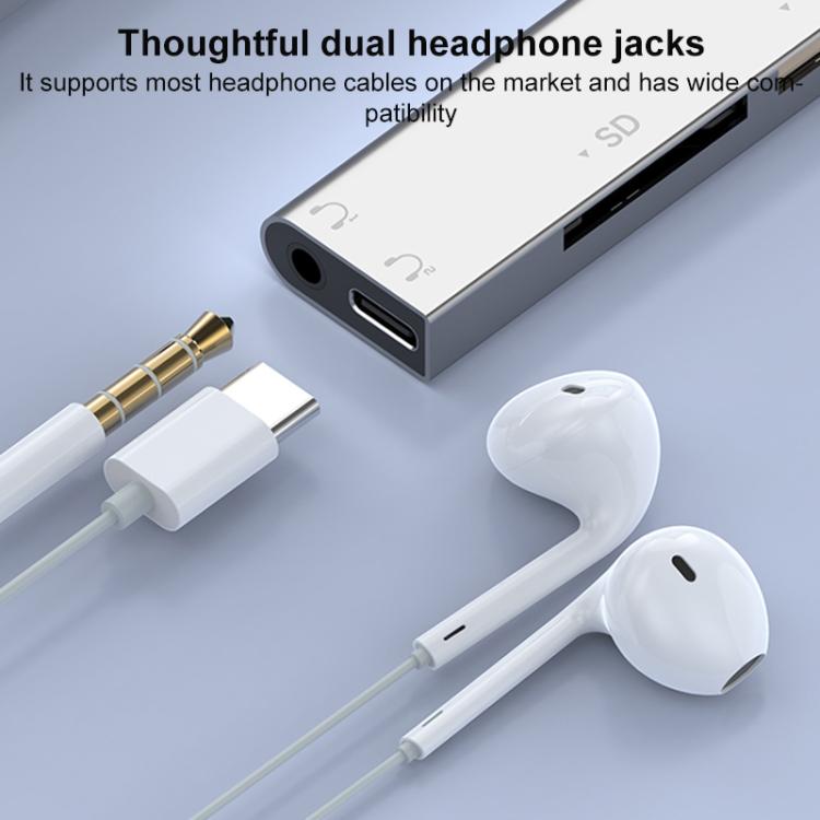 USB / Type-C / 8 Pin to CF / TF / SD Card Reader, 3.5mm HUB Adapter 6 in 1 Docking Station