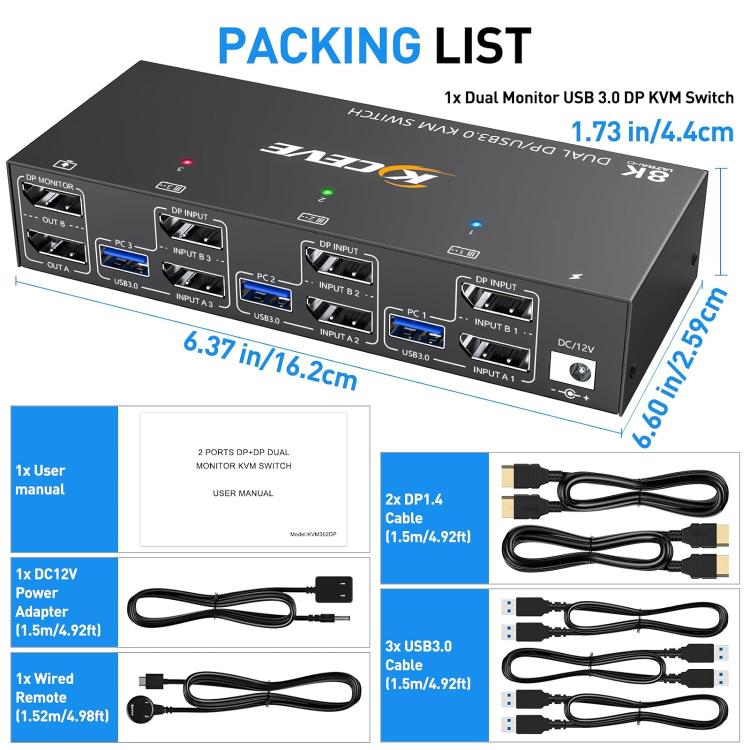 KCEVE KC-KVM302DP USB 3.0 Dual Monitor 8K 30Hz KVM Switch