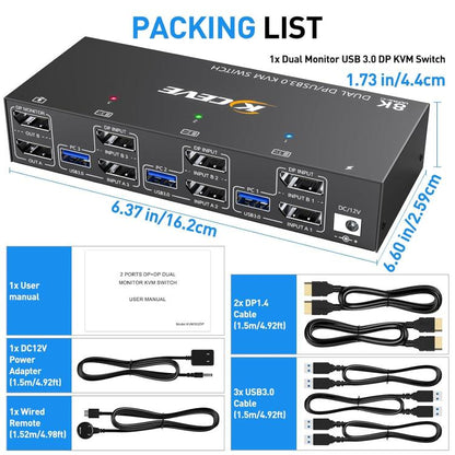 KCEVE KC-KVM302DP USB 3.0 Dual Monitor 8K 30Hz KVM Switch
