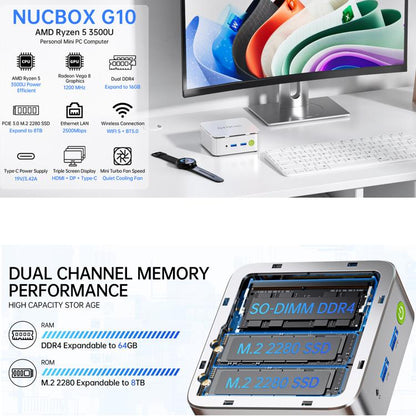 Мини-ПК GMKtec NucBox G10, AMD Ryzen 5 3500U, Windows 11 Pro, Wi-Fi, Bluetooth, HDTV, DisplayPort