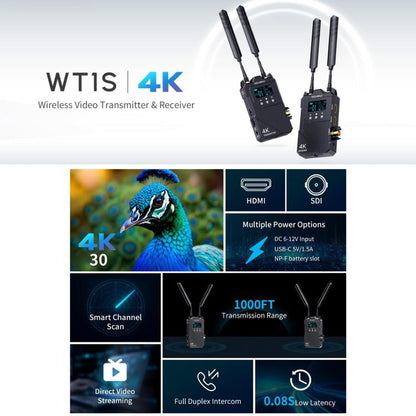 Беспроводная система передачи видео FEELWORLD WT1S 4K с поддержкой SDI + Dual HDMI и полнодуплексной интерком-трансляцией в режиме реального времени