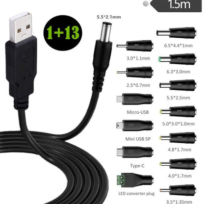 1.5m USB to DC5.5x2.1mm Male Power Cord with 13pcs Converter