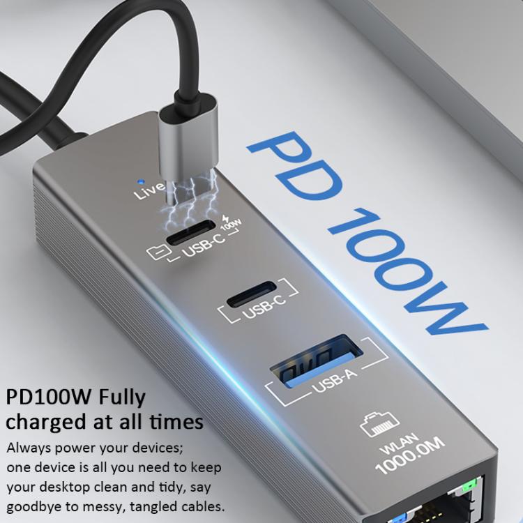 TYS-206C Type-C to 1000M RJ45 USB-A PD100W HUB Expand Converter