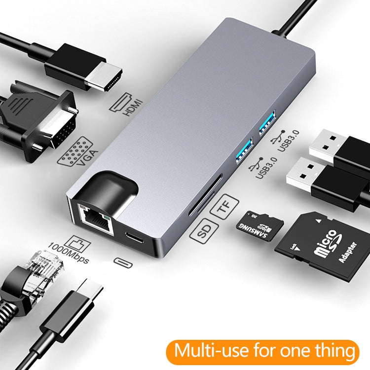 HW-TC12 8 в 1 Type-C / USB-C многофункциональный удлинительный концентратор адаптер HDMI / VGA концентратор кард-ридер + сетевая карта