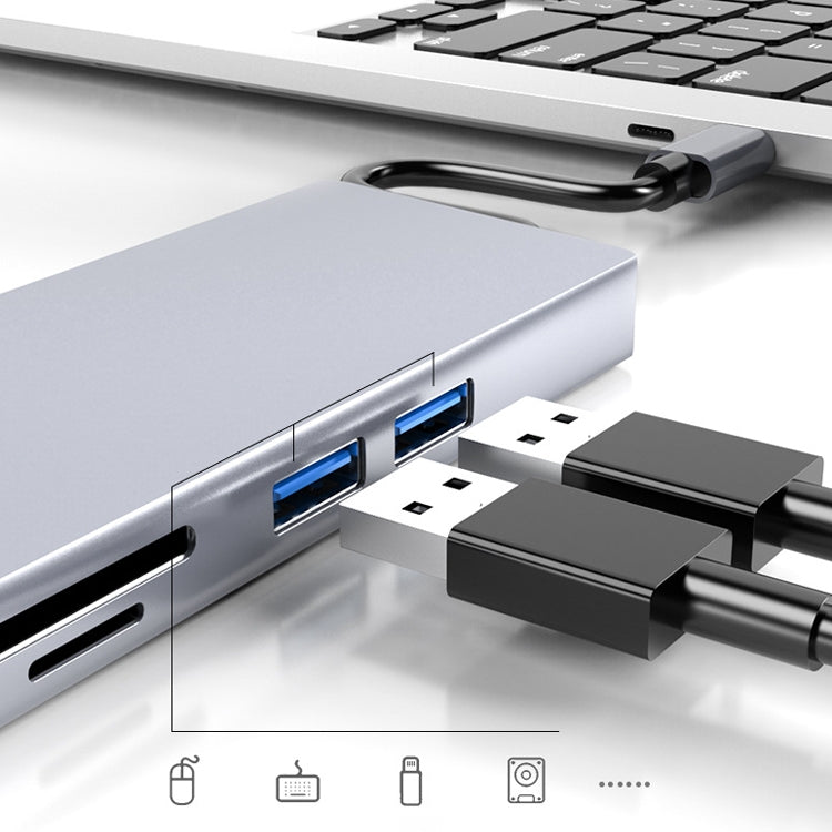 HW-TC12 8 в 1 Type-C / USB-C многофункциональный удлинительный концентратор адаптер HDMI / VGA концентратор кард-ридер + сетевая карта