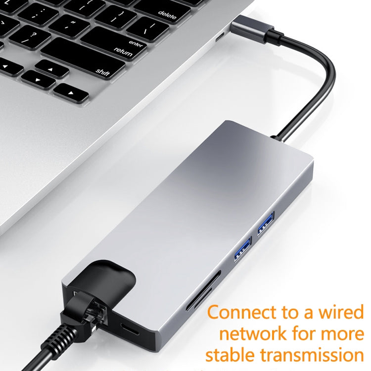 HW-TC12 8 в 1 Type-C / USB-C многофункциональный удлинительный концентратор адаптер HDMI / VGA концентратор кард-ридер + сетевая карта