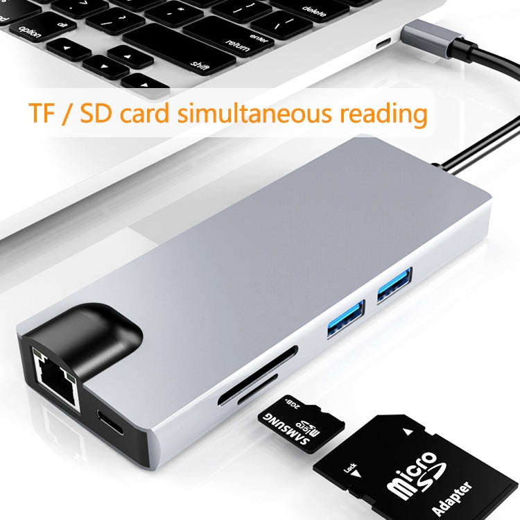 HW-TC12 8 в 1 Type-C / USB-C многофункциональный удлинительный концентратор адаптер HDMI / VGA концентратор кард-ридер + сетевая карта