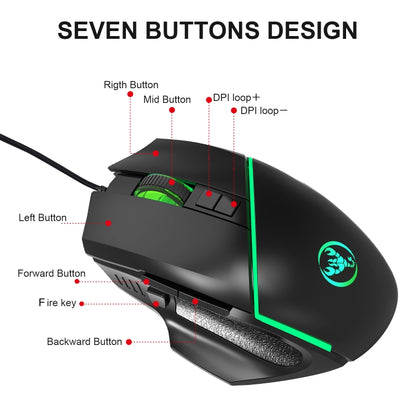 Проводная игровая мышь HXSJ A876 с цветной синхронной подсветкой, разрешением 6400 точек на дюйм, регулируемой подсветкой, длина: 150 см