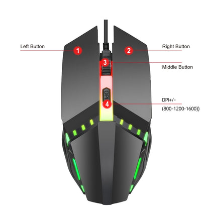 Проводная игровая мышь HXSJ S200 USB2.0 с разрешением 1600 точек на дюйм, регулируемая, с 4 клавишами, цветная, светящаяся, длина: 1,5 м