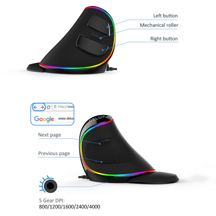 DELUX M618 Plus RGB vadu optiskā pele ergonomiska vertikāla pele 4000DPI