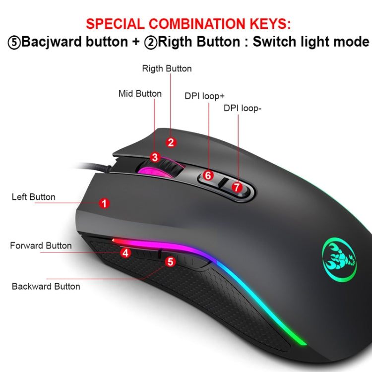 HXSJ A869 C tipa 7200 dpi 6 režīmu regulējama 7 taustiņu RGB gaismas vadu spēļu pele
