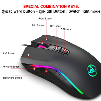 HXSJ A869 C tipa 7200 dpi 6 režīmu regulējama 7 taustiņu RGB gaismas vadu spēļu pele