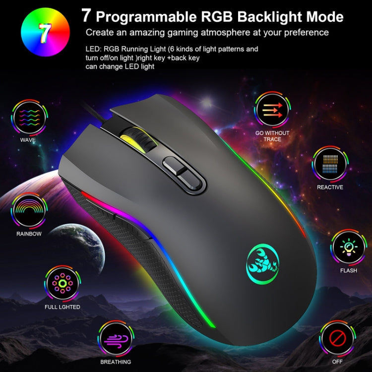 HXSJ A869 C tipa 7200 dpi 6 režīmu regulējama 7 taustiņu RGB gaismas vadu spēļu pele