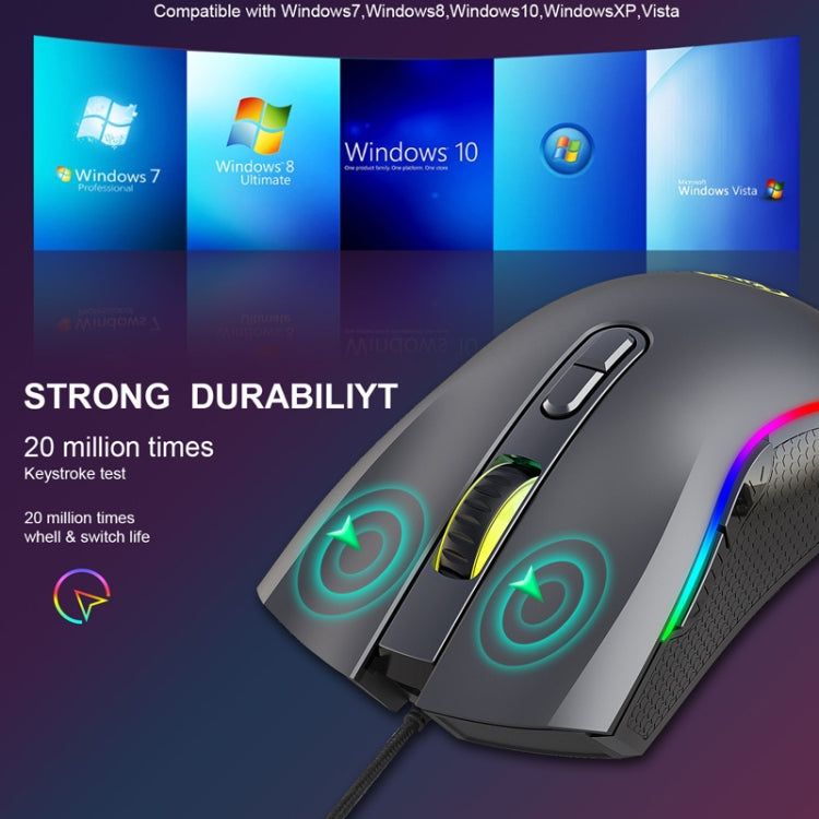 HXSJ A869 C tipa 7200 dpi 6 režīmu regulējama 7 taustiņu RGB gaismas vadu spēļu pele