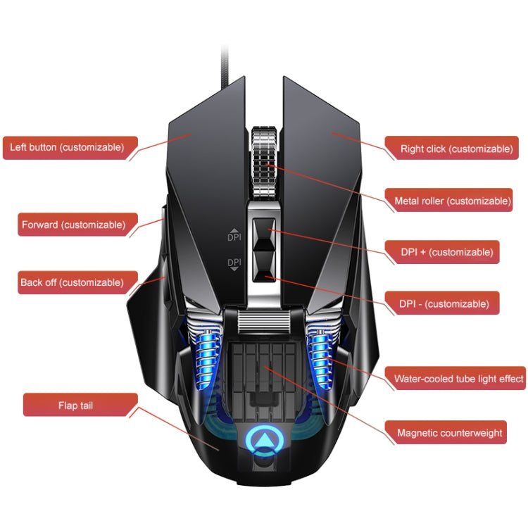 YINDIAO G10 7200DPI 7-modes Adjustable 7-keys RGB Light Wired Metal Mechanical Hard Core Macro Mouse, Style: Audio Version