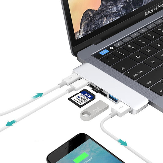 6 in 1 Multi-function Aluminium Alloy 5Gbps Transfer Rate Dual USB-C / Type-C HUB Adapter with 2 USB 3.0 Ports & 2 USB-C / Type-C Ports & SD Card Slot & TF Card Slot for Macbook 2015 / 2016 / 2017