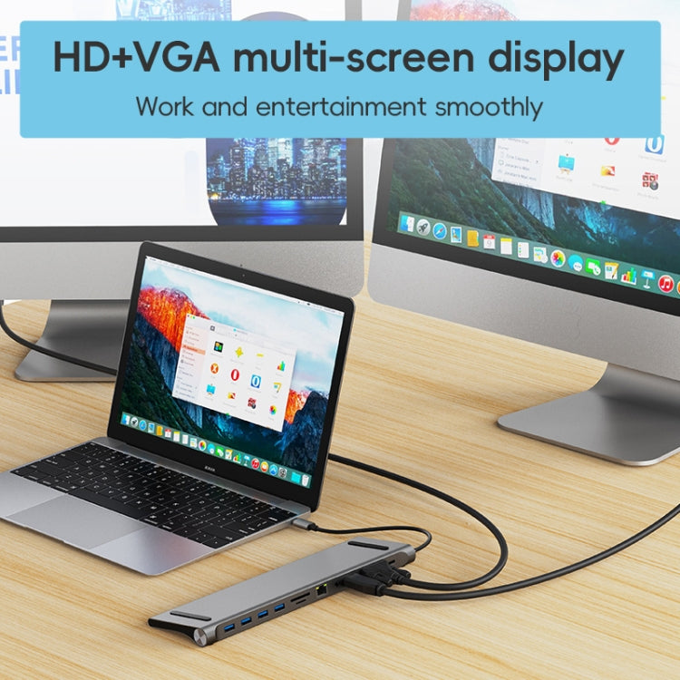 AD-059 11-в-1 USB-C/Type-C в 4K HDMI + VGA + слот для карт SD/TF + Gigabit Ethernet + 3,5-мм AUX + USB-C/Type-C + 4 USB 3.0 Многофункциональная док-станция-концентратор