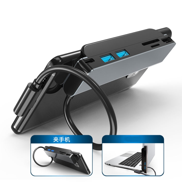 AD-065 6 vienā USB-C/Type-C uz 4K HDMI + SD/TF kartes slots + Type-C + 2 USB 3.0 aizmugurējā klipša stila daudzfunkcionāla dokstacija HUB