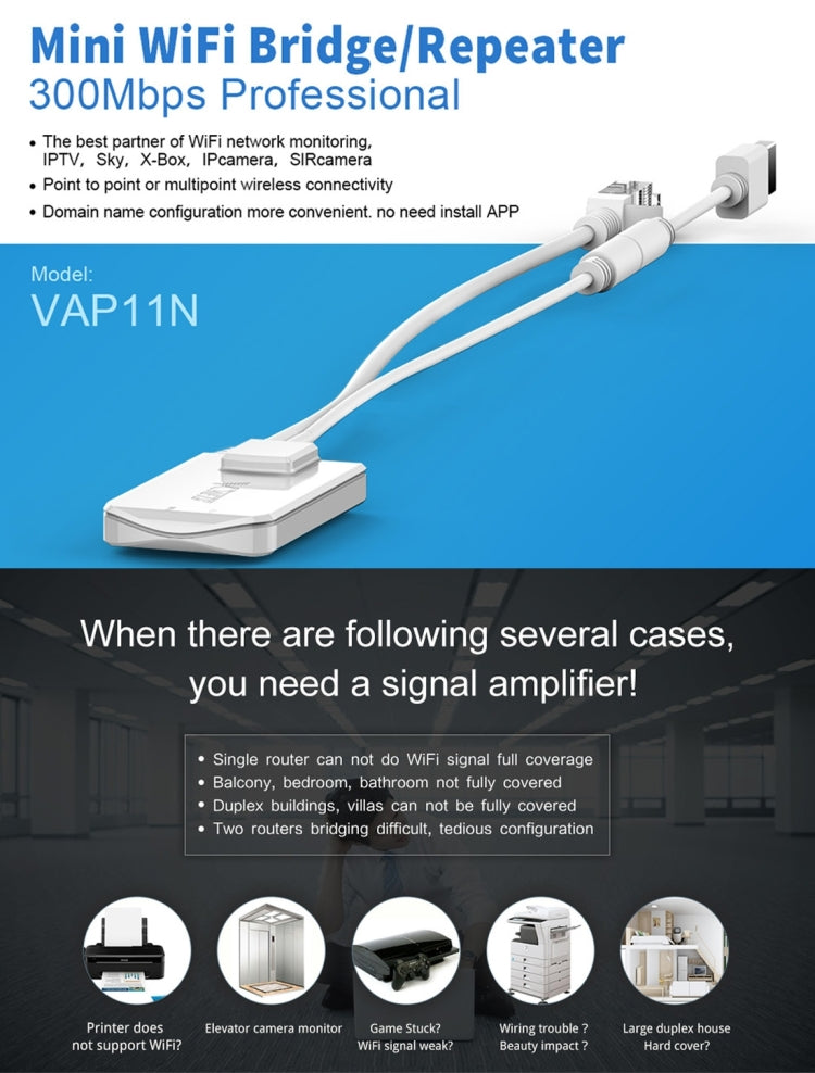 VONETS VAP11N Mini WiFi 300 Мбит/с повторитель WiFi-моста, лучший партнер для IP-устройств / IP-камер / IP-принтеров / XBOX / PS3 / IPTV / Skybox