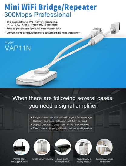 VONETS VAP11N Mini WiFi 300 Мбит/с повторитель WiFi-моста, лучший партнер для IP-устройств / IP-камер / IP-принтеров / XBOX / PS3 / IPTV / Skybox