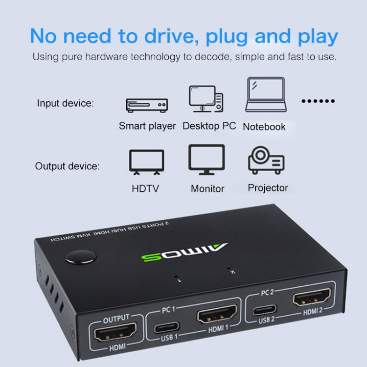 AIMOS AM-KVM201CC 2-портовый USB-концентратор HDMI KVM-переключатель без удлинительного кабеля