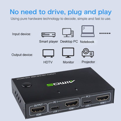 AIMOS AM-KVM201CC 2-портовый USB-концентратор HDMI KVM-переключатель без удлинительного кабеля