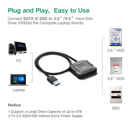 UGREEN USB 3.0 to SATA Adapter Cable Converter for 2.5 / 3.5 inch Hard Drive Disk HDD and SSD, Support UASP SATA 3.0