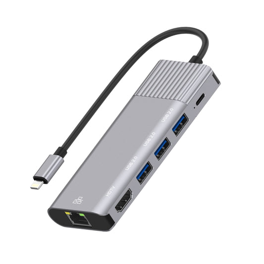 79591 6 in 1 8 Pin to RJ45 + HDMI + 8 Pin Charging + 3 USB 2.0 Ports Multifunctional HUB Converter Docking Station