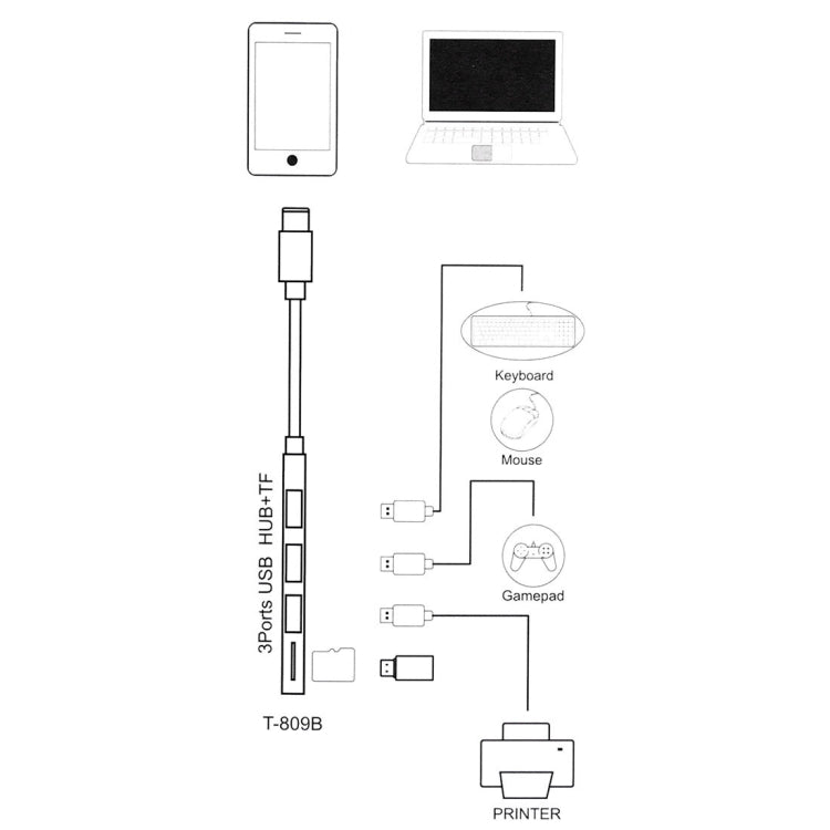 Кардридер T-809B TF + 3 порта USB 3.0 в USB-C/Type-C HUB, длина кабеля: 13 см