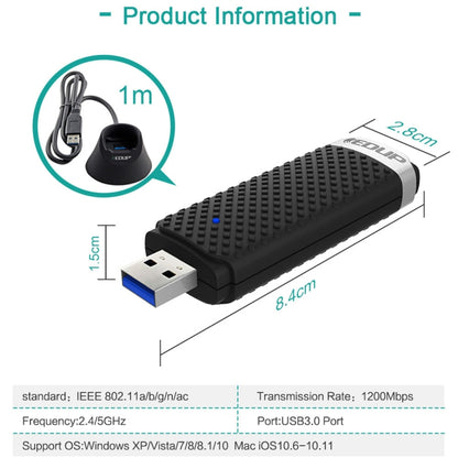 Адаптер-приемник Ethernet EDUP EP-AC1609 1200 Мбит/с с высокоскоростным USB 3.0 WiFi и кабелем-удлинителем 1 м и базой