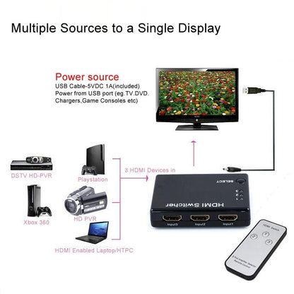 Mini 3x1 HD 1080P HDMI V1.3 selektors ar tālvadības pulti HDTV/STB/DVD/projektoram/DVR