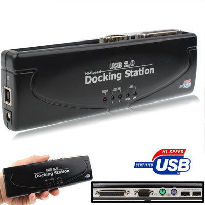 Высокоскоростная док-станция USB 2.0 с 8 портами (2xUSB 2.0 + мышь PS2 + клавиатура PS2 + RS232 + DB25 + LAN + восходящий поток), черная