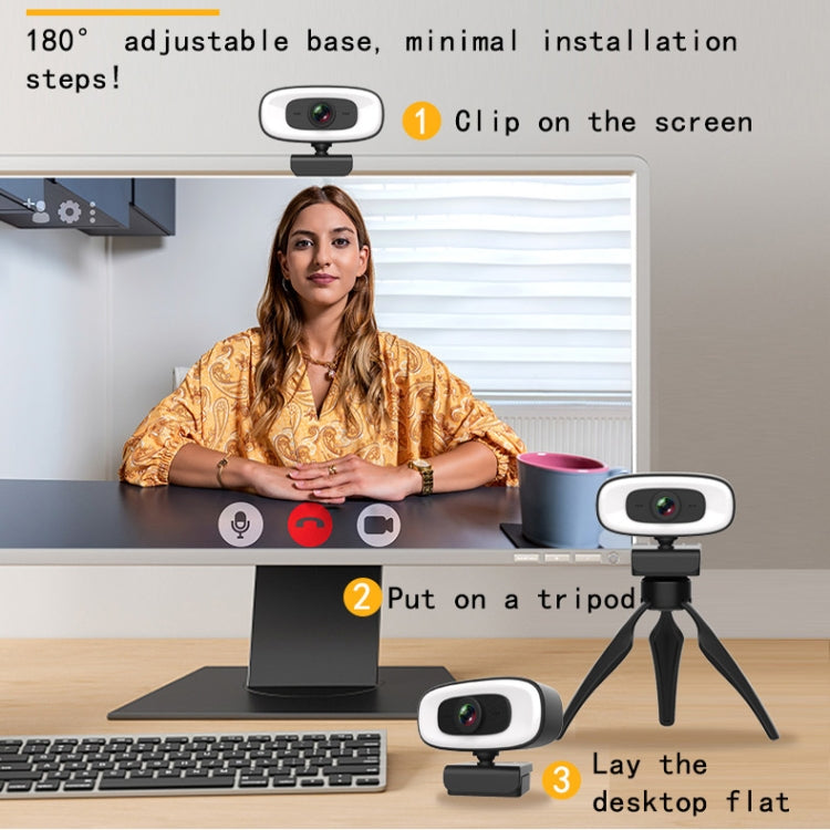 C10 2K HD bez kropļojumiem, 360 grādu rotācija, trīs ātrumu aizpildījuma gaisma, USB brīvas atmiņas tīmekļa kameras, iebūvēts skaidrāks mikrofons.
