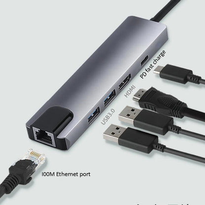 Адаптер 5-в-1 USB Type-C на RJ45 + USB3.0 x 2 + PD + HDMI HUB