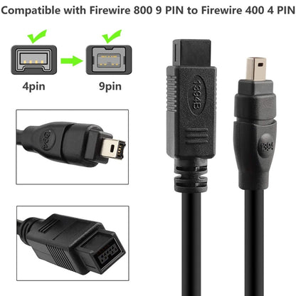 JUNSUNMAY FireWire High Speed Premium DV 800 9 Pin Male To FireWire 400 4 Pin Male IEEE 1394 Cable
