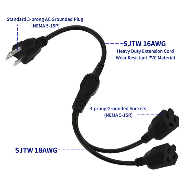 JUNSUNMAY US 1.6FT NEMA 5-15P 1 to 2 Way Outlet NEMA 5-15R SJT 16AWG 3 Prong Power Cable Wire Extender