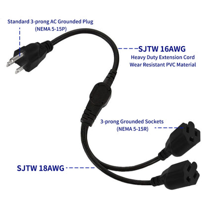 JUNSUNMAY US 1.6FT NEMA 5-15P 1 to 2 Way Outlet NEMA 5-15R SJT 16AWG 3 Prong Power Cable Wire Extender