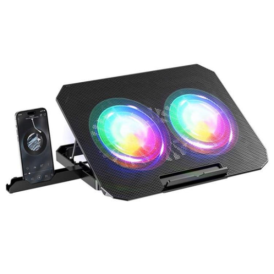 N33 RGB divu ventilatoru dzesēšanas paliktnis ar regulējama augstuma klēpjdatora statīvu ar tālruņa turētāju