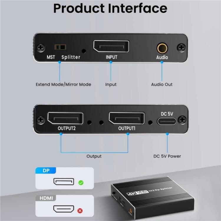 Аудиоэкстрактор FD 1X2 4K 144 Гц, разветвитель DisplayPort 1.4 на два DisplayPort MST Hub