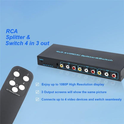RCA 4 In 3 Out AV Audio Video Signal Composite Switcher AV Switch Splitter Box