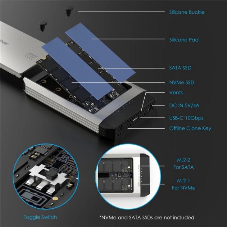 WAVLINK ST347 One-Click Offline Clone Dual Slot M.2 SSD Enclosure USB-C 3.2 Gen2 10 Гбит/с