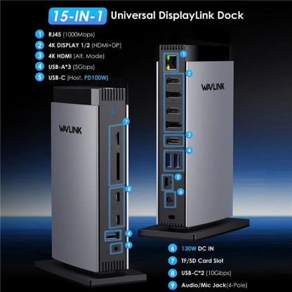 WAVLINK WL-UG69PD13Pro DisplayLink Docking Station 15 in 1 USB-C Hub for MacBook Laptop