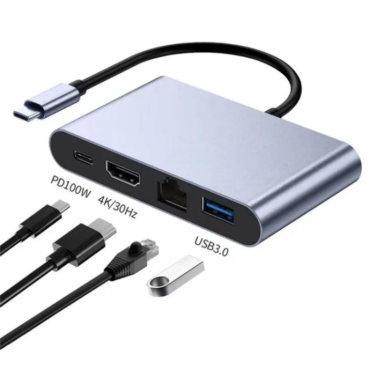 2322 Type-C to RJ45, 4K/30HZ HD, USB 3.0, PD100W Charging Port Aluminum Shell HUB