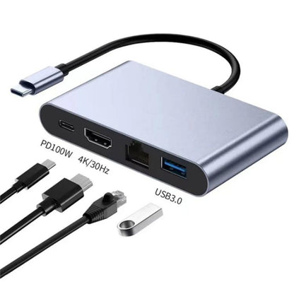 2322 Type-C to RJ45, 4K/30HZ HD, USB 3.0, PD100W Charging Port Aluminum Shell HUB